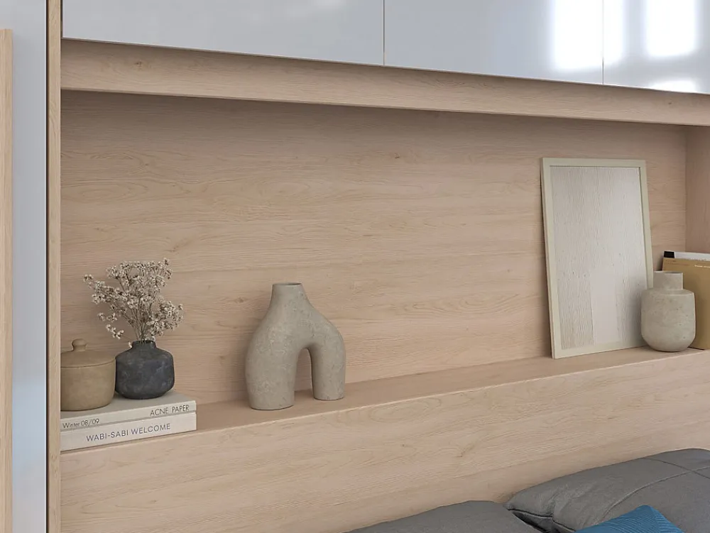 Lit pont 140 x 190 cm avec rangements - avec LEDs - Coloris : Naturel et blanc brillant + Sommier - VELONA>Vente-unique Sale