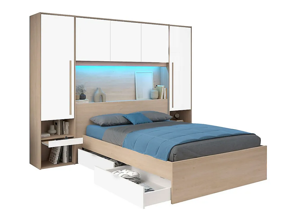 Lit pont 140 x 190 cm avec rangements - avec LEDs - Coloris : Naturel et blanc brillant + Sommier - VELONA>Vente-unique Sale