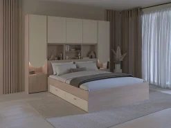 Vente-unique Lit pont 140 x 190 cm avec rangements - Avec LEDs - Coloris : Beige et naturel - DOMELITO* Lit Avec Rangement