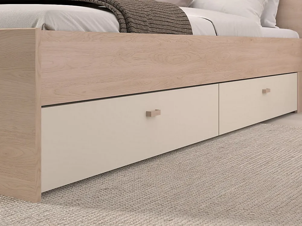 Vente-unique Lit pont 140 x 190 cm avec rangements - Avec LEDs - Coloris : Beige et naturel - DOMELITO* Lit Avec Rangement