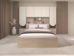 Vente-unique Lit pont 140 x 190 cm avec rangements - Avec LEDs - Coloris : Beige et naturel - DOMELITO* Lit Avec Rangement