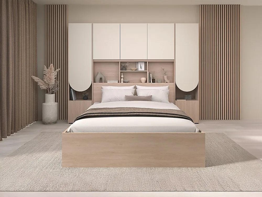 Vente-unique Lit pont 140 x 190 cm avec rangements - Avec LEDs - Coloris : Beige et naturel - DOMELITO* Lit Avec Rangement