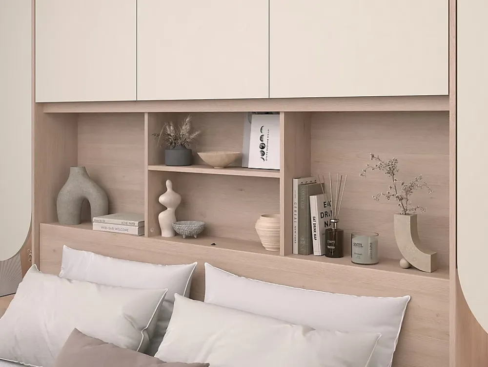 Vente-unique Lit pont 140 x 190 cm avec rangements - Avec LEDs - Coloris : Beige et naturel - DOMELITO* Lit Avec Rangement