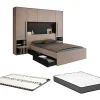 Lit pont 140 x 190 cm avec rangements - Avec LEDs - Coloris : Naturel et noir + Sommier + Matelas - VELONA>Vente-unique Outlet