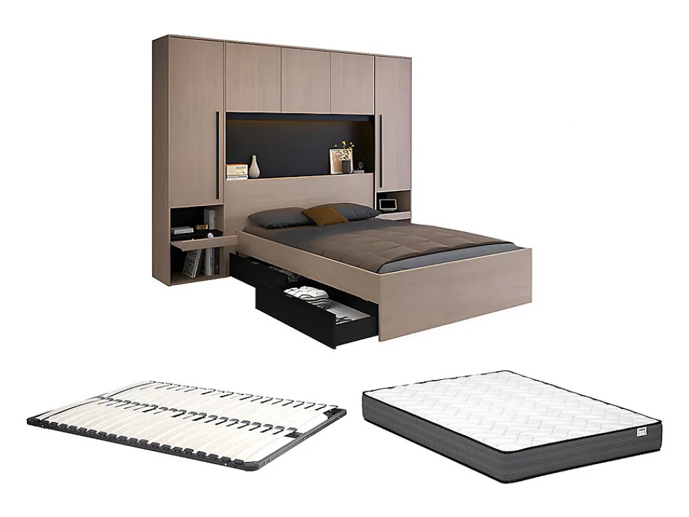 Lit pont 140 x 190 cm avec rangements - Avec LEDs - Coloris : Naturel et noir + Sommier + Matelas - VELONA>Vente-unique Outlet