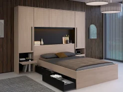 Lit pont 140 x 190 cm avec rangements - Avec LEDs - Coloris : Naturel et noir + Sommier + Matelas - VELONA>Vente-unique Outlet