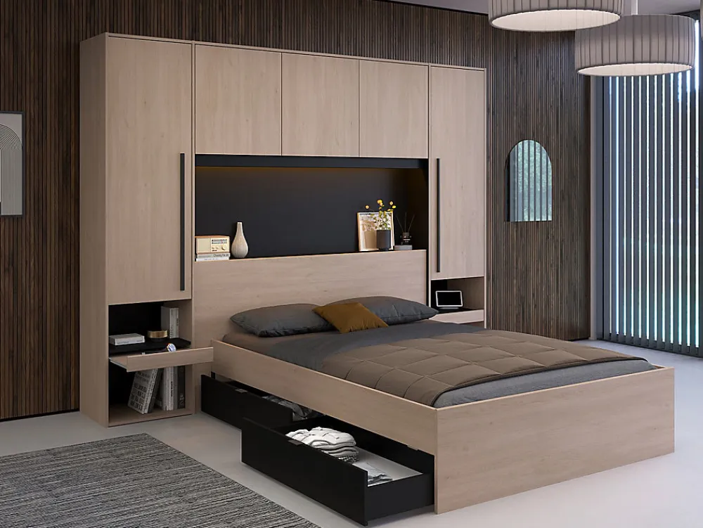 Lit pont 140 x 190 cm avec rangements - Avec LEDs - Coloris : Naturel et noir + Sommier + Matelas - VELONA>Vente-unique Outlet