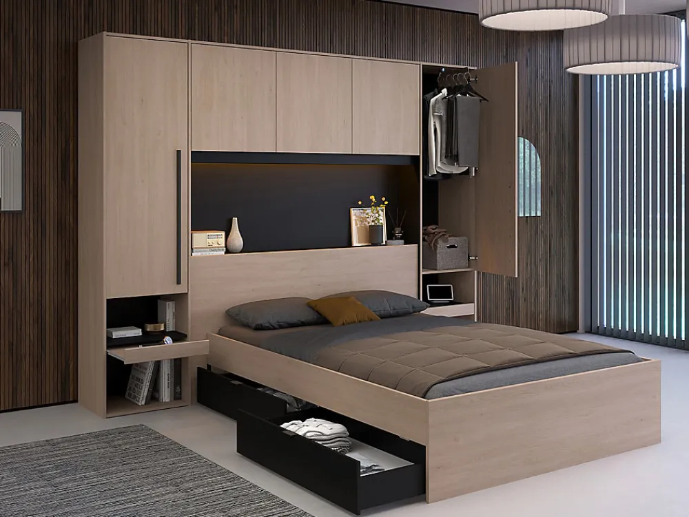 Lit pont 140 x 190 cm avec rangements - Avec LEDs - Coloris : Naturel et noir + Sommier + Matelas - VELONA>Vente-unique Outlet
