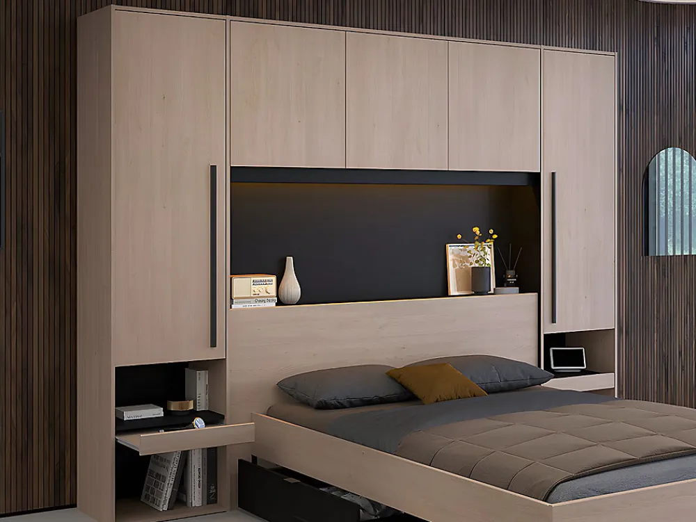 Lit pont 140 x 190 cm avec rangements - Avec LEDs - Coloris : Naturel et noir + Sommier + Matelas - VELONA>Vente-unique Outlet
