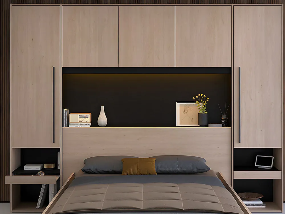 Lit pont 140 x 190 cm avec rangements - Avec LEDs - Coloris : Naturel et noir + Sommier + Matelas - VELONA>Vente-unique Outlet