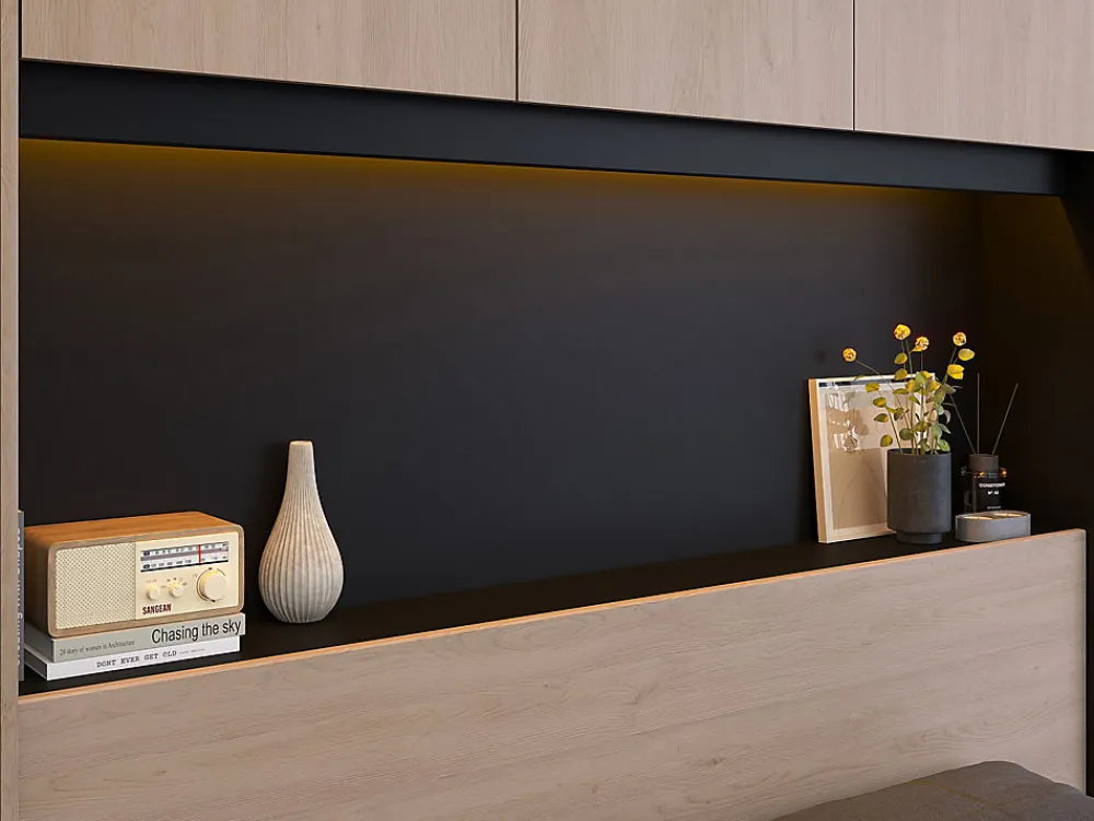 Lit pont 140 x 190 cm avec rangements - Avec LEDs - Coloris : Naturel et noir + Sommier + Matelas - VELONA>Vente-unique Outlet
