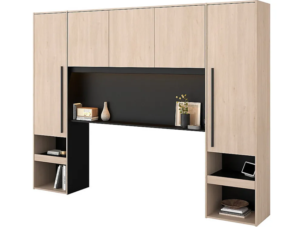 Lit pont 140 x 190 cm avec rangements - Avec LEDs - Coloris : Naturel et noir + Sommier + Matelas - VELONA>Vente-unique Outlet