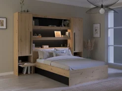 Vente-unique Lit pont 140 x 190/200 cm avec rangements - Avec LEDs - Coloris : Naturel et noir + Sommier + Matelas - VARLY* Lit Avec Rangement