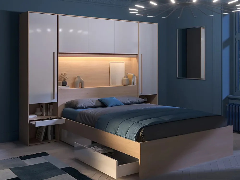 Vente-unique Lit pont 160 x 200 cm avec rangements - avec LEDs - Coloris : Naturel et blanc brillant - VELONA* Lit Avec Rangement
