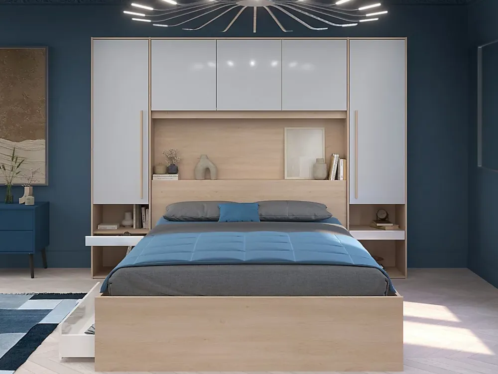 Vente-unique Lit pont 160 x 200 cm avec rangements - avec LEDs - Coloris : Naturel et blanc brillant - VELONA* Lit Avec Rangement