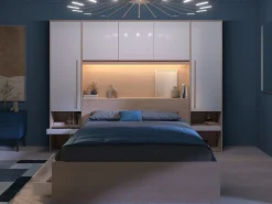 Vente-unique Lit pont 160 x 200 cm avec rangements - avec LEDs - Coloris : Naturel et blanc brillant - VELONA* Lit Avec Rangement