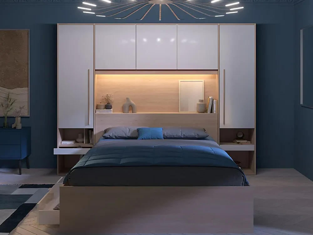Vente-unique Lit pont 160 x 200 cm avec rangements - avec LEDs - Coloris : Naturel et blanc brillant - VELONA* Lit Avec Rangement