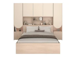 Vente-unique Lit pont 140 x 190 cm avec rangements - Avec LEDs - Coloris : Beige et naturel + Sommier - DOMELITO* Lit Avec Rangement
