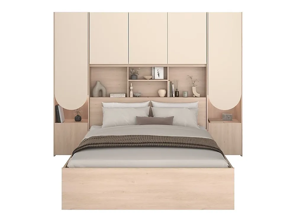 Vente-unique Lit pont 140 x 190 cm avec rangements - Avec LEDs - Coloris : Beige et naturel + Sommier - DOMELITO* Lit Avec Rangement