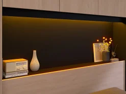 Vente-unique Lit pont 140 x 190 cm avec rangements - Avec LEDs - Coloris : Naturel et noir - VELONA* Lit Avec Rangement
