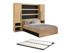 Lit pont 140 x 190/200 cm avec rangements - Avec LEDs - Coloris : Naturel et noir + Sommier - VARLY>Vente-unique Discount