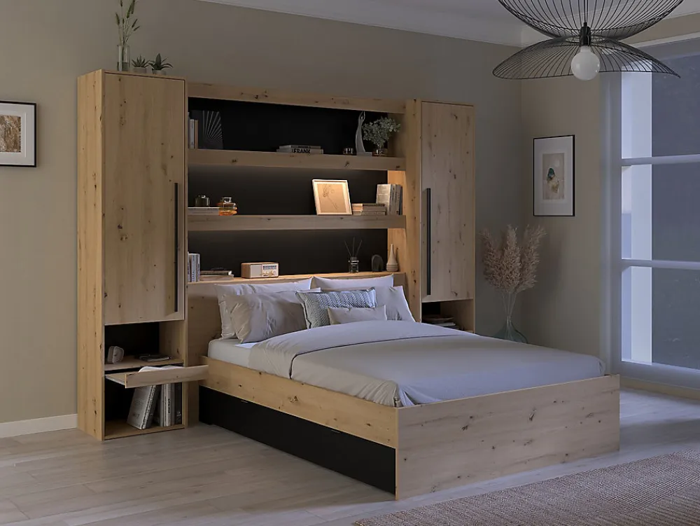 Lit pont 140 x 190/200 cm avec rangements - Avec LEDs - Coloris : Naturel et noir + Sommier - VARLY>Vente-unique Discount