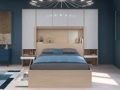 Vente-unique Lit pont 140 x 190 cm avec rangements - Avec LEDs - Coloris : Naturel et blanc brillant - VELONA* Lit Avec Rangement