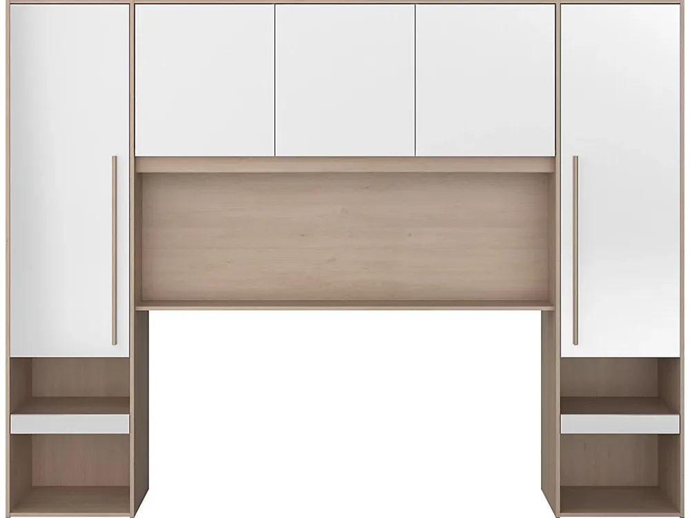 Vente-unique Lit pont 140 x 190 cm avec rangements - Avec LEDs - Coloris : Naturel et blanc brillant - VELONA* Lit Avec Rangement