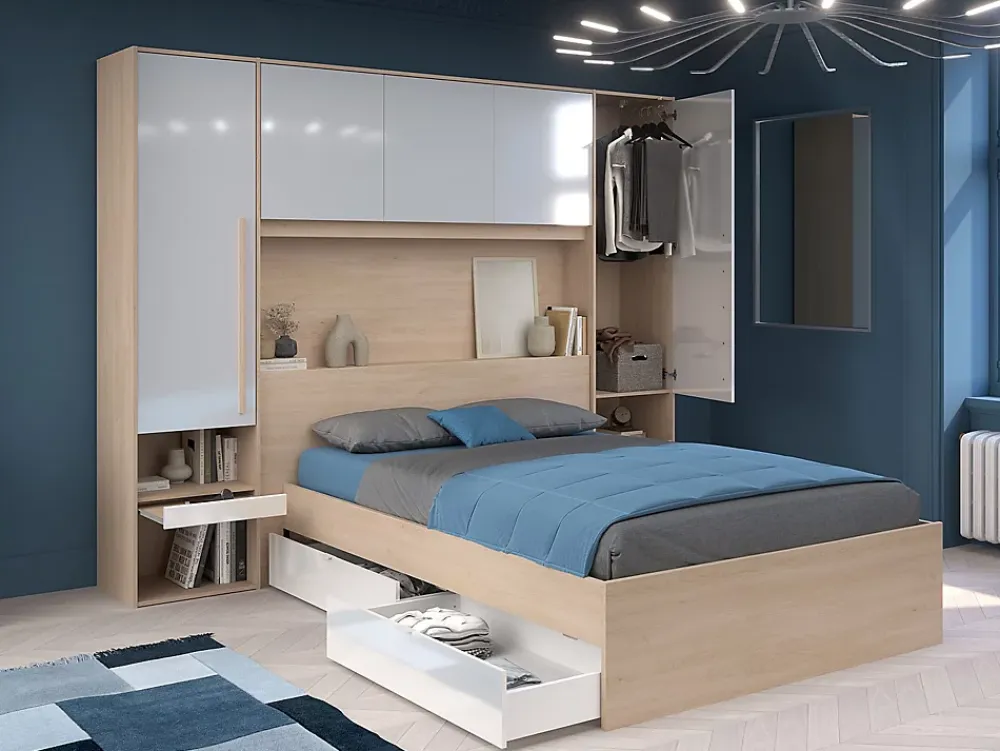 Vente-unique Lit pont 140 x 190 cm avec rangements - Avec LEDs - Coloris : Naturel et blanc brillant - VELONA* Lit Avec Rangement