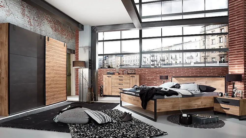 Wimex Lit PORTLAND style industriel 180 x 200 cm chêne poutre / métal* Lit Double