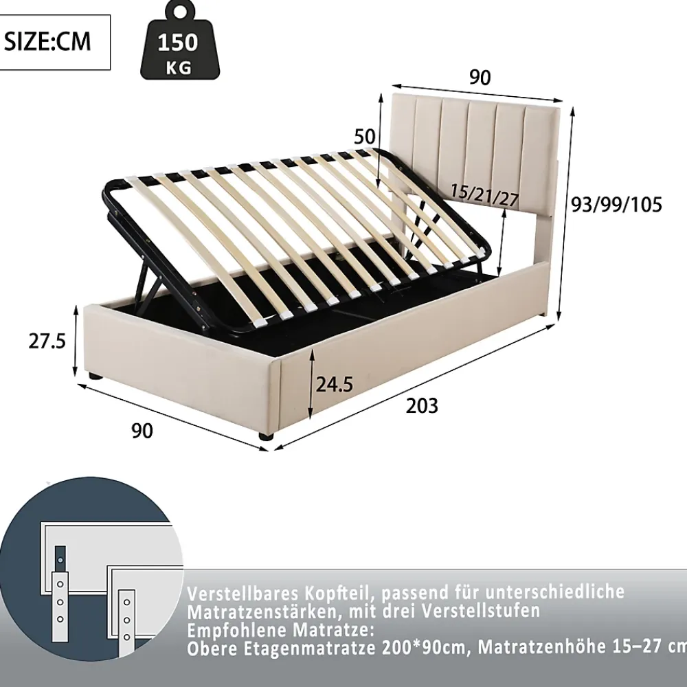 Fortuna lai Lit Pour Enfant Rembourré, 90 X 200 Cm, Coffre De Rangement Hydraulique, En Lin, Beige*Enfant Lit Enfant