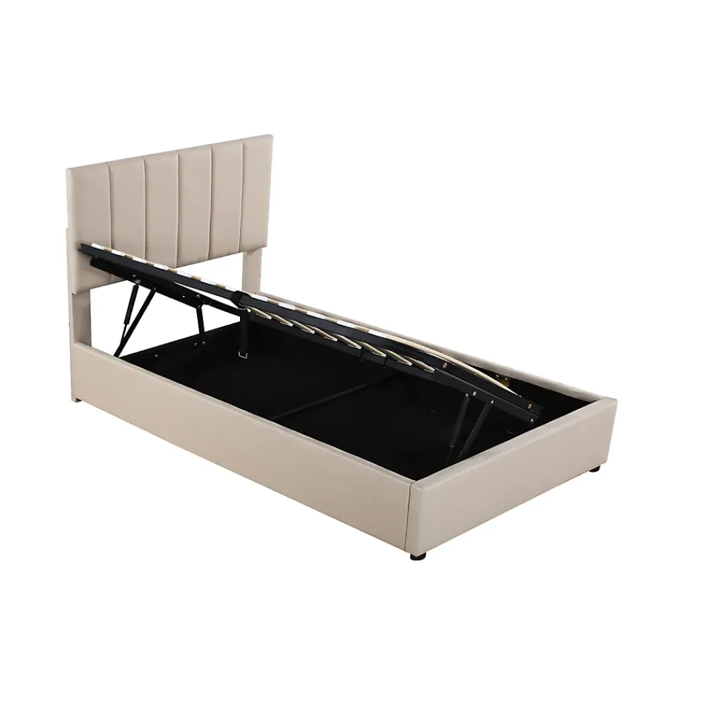 Fortuna lai Lit Pour Enfant Rembourré, 90 X 200 Cm, Coffre De Rangement Hydraulique, En Lin, Beige*Enfant Lit Enfant