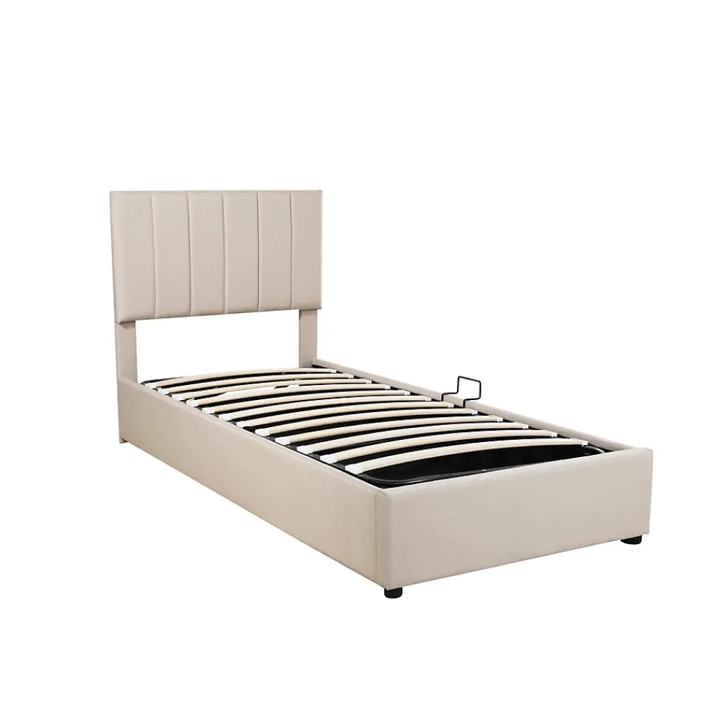 Fortuna lai Lit Pour Enfant Rembourré, 90 X 200 Cm, Coffre De Rangement Hydraulique, En Lin, Beige*Enfant Lit Enfant