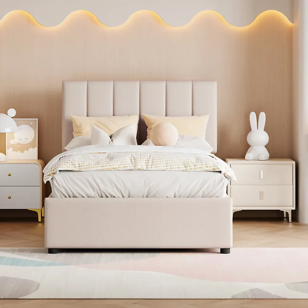 Fortuna lai Lit Pour Enfant Rembourré, 90 X 200 Cm, Coffre De Rangement Hydraulique, En Lin, Beige*Enfant Lit Enfant
