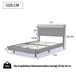 Redom Lit rembourré 140 par 200 cm avec cadre flottant LED et tête de lit moderne en lin doux gris pour chambre élégante* Lit Double