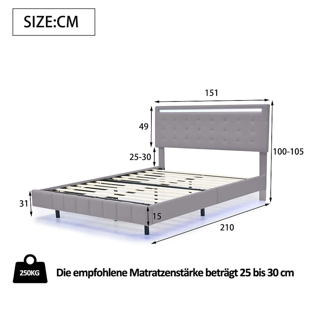 Redom Lit rembourré 140 par 200 cm avec cadre flottant LED et tête de lit moderne en lin doux gris pour chambre élégante* Lit Double