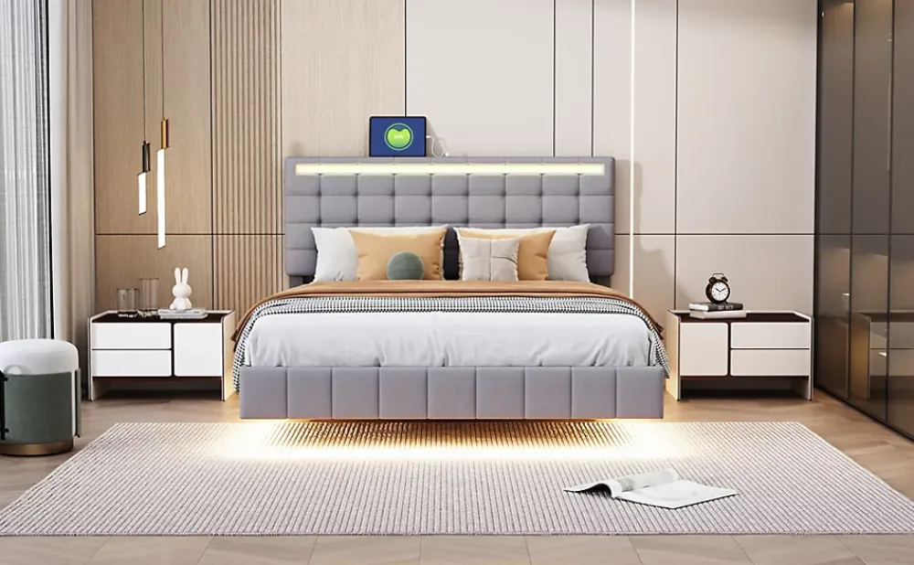 Redom Lit rembourré 140 par 200 cm avec cadre flottant LED et tête de lit moderne en lin doux gris pour chambre élégante* Lit Double