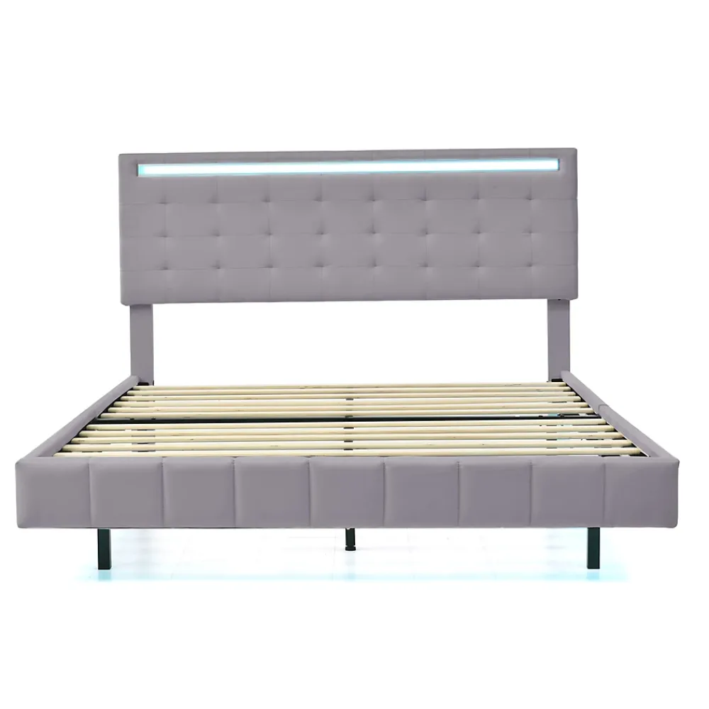 Redom Lit rembourré 140 par 200 cm avec cadre flottant LED et tête de lit moderne en lin doux gris pour chambre élégante* Lit Double