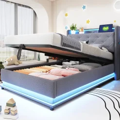 Lit rembourré 90 par 200 cm avec LED multicolores prise USB tête relevable rangement hydraulique poches latérales tissu gris>Redom Clearance