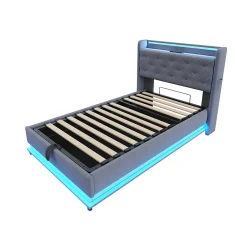 Lit rembourré 90 par 200 cm avec LED multicolores prise USB tête relevable rangement hydraulique poches latérales tissu gris><noscript><img width=