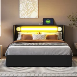 Redom Lit rembourré 140 sur 200 avec éclairage LED lecteur Bluetooth port USB rangement en cuir PU sommier inclus noir élégant* Lit Avec Rangement
