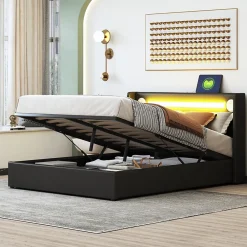 Redom Lit rembourré 140 sur 200 avec éclairage LED lecteur Bluetooth port USB rangement en cuir PU sommier inclus noir élégant* Lit Avec Rangement