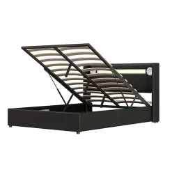 Redom Lit rembourré 140 sur 200 avec éclairage LED lecteur Bluetooth port USB rangement en cuir PU sommier inclus noir élégant* Lit Avec Rangement