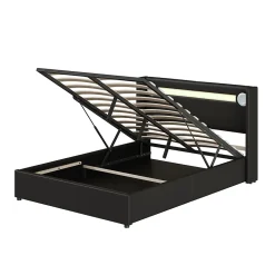 Redom Lit rembourré 140 sur 200 avec éclairage LED lecteur Bluetooth port USB rangement en cuir PU sommier inclus noir élégant* Lit Avec Rangement