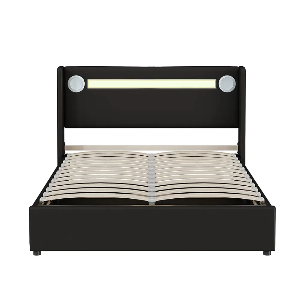 Redom Lit rembourré 140 sur 200 avec éclairage LED lecteur Bluetooth port USB rangement en cuir PU sommier inclus noir élégant* Lit Avec Rangement