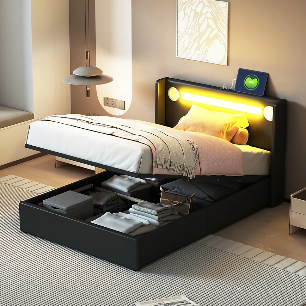 Redom Lit rembourré 90 sur 200 avec éclairage LED lecteur Bluetooth port USB rangement en cuir PU sommier inclus pour chambre jeune* Lit Avec Rangement