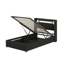 Redom Lit rembourré 90 sur 200 avec éclairage LED lecteur Bluetooth port USB rangement en cuir PU sommier inclus pour chambre jeune* Lit Avec Rangement