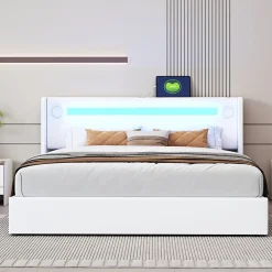 Redom Lit rembourré 160 sur 200 avec éclairage LED lecteur Bluetooth port USB rangement en cuir PU sommier inclus blanc moderne* Lit Avec Rangement