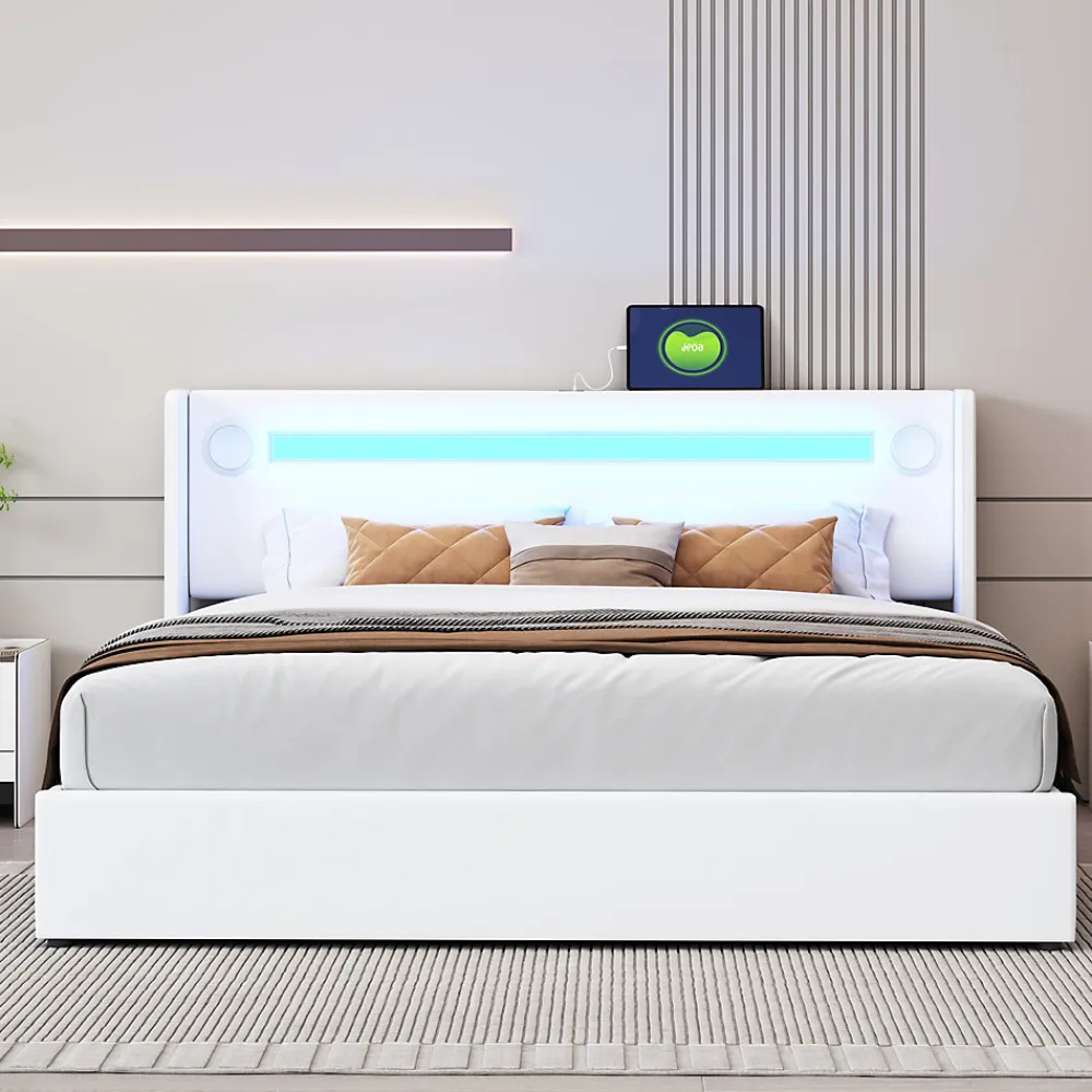 Redom Lit rembourré 160 sur 200 avec éclairage LED lecteur Bluetooth port USB rangement en cuir PU sommier inclus blanc moderne* Lit Avec Rangement
