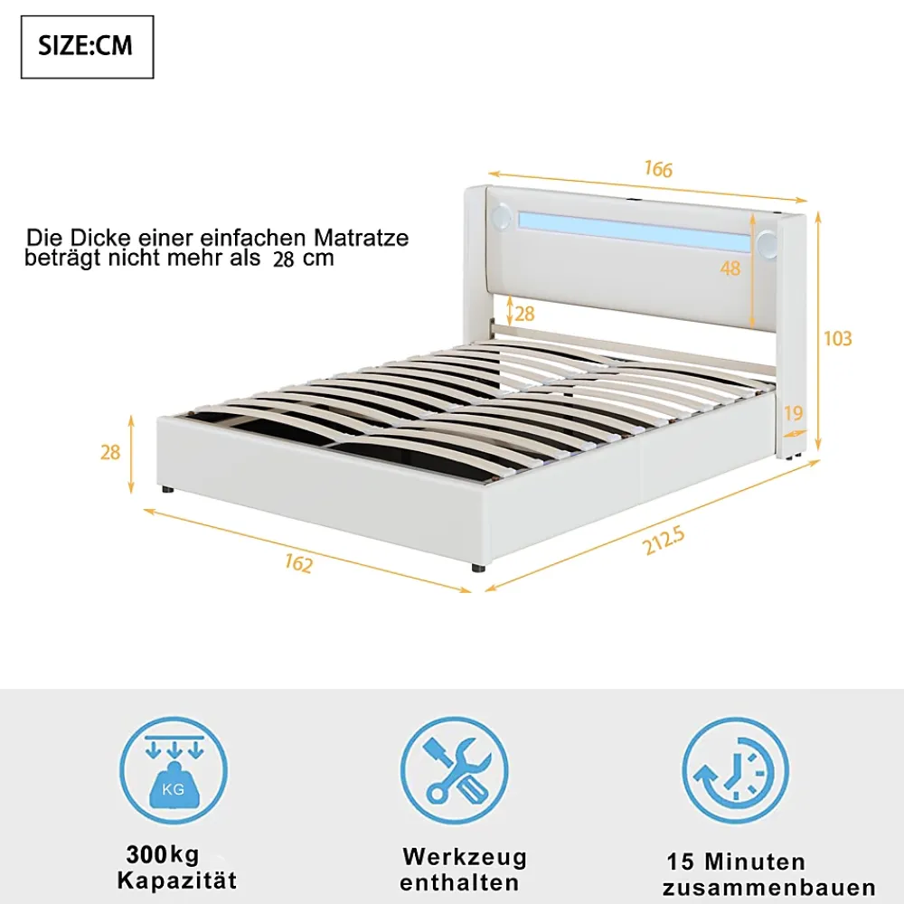 Redom Lit rembourré 160 sur 200 avec éclairage LED lecteur Bluetooth port USB rangement en cuir PU sommier inclus blanc moderne* Lit Avec Rangement